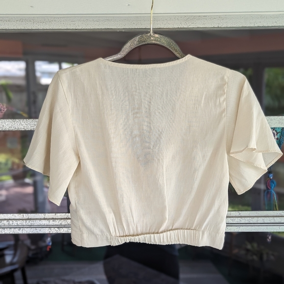 Vintage 90s Timing Crop Top Off White Linen Short Sleeve Peasant V-neck Button - Picture 2 of 8